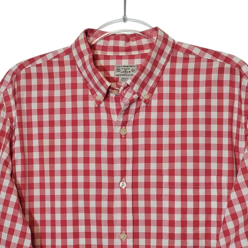J.Crew Red White Check Cotton Button Front Long Sleeve Shirt L Preppy Casual